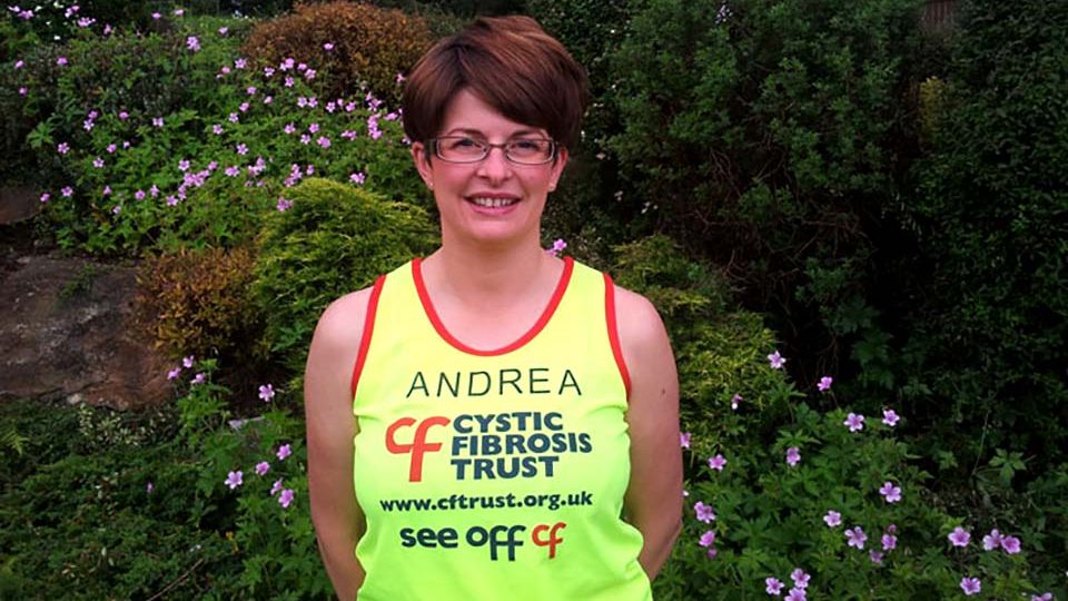 Andrea Begg in a Cycstic Fibrosis Trust running vest