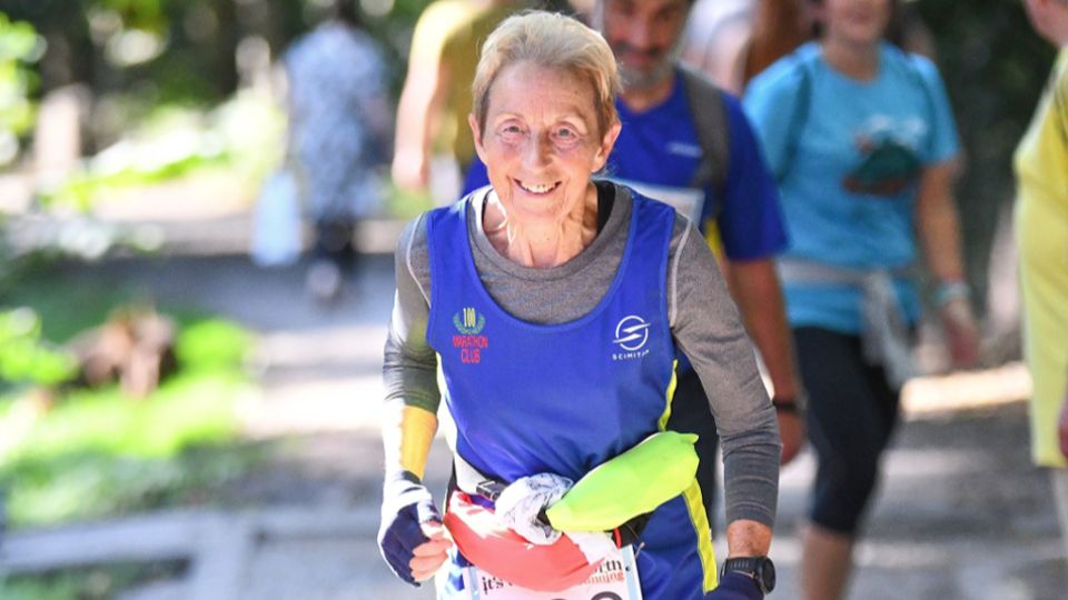 Hilary Wharam finishing her 100th marathon