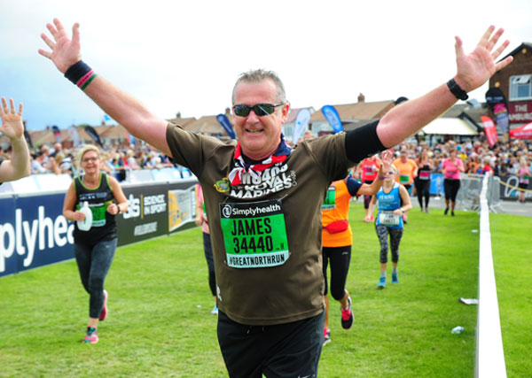 Happy Royal Marine supporter at the Great North Run finish
